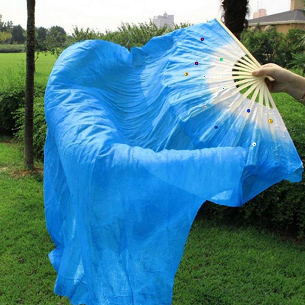 Weisipu 18M Artificial Silk Belly Dance Handmade Bamboo Fans Veils Right Hand(Blue)