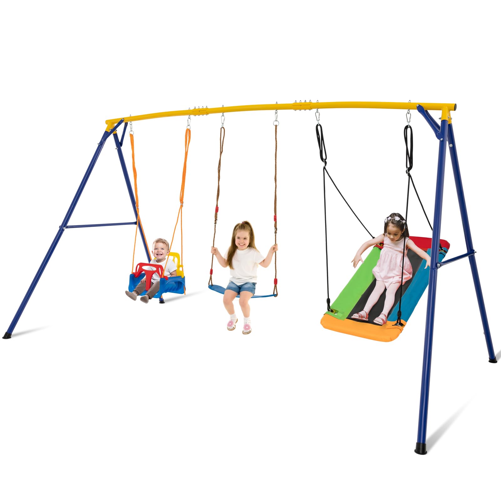 HONEY JOY 660 lbs Swing Sets for Backyard, 3 Seat Heavy Duty Metal A-Frame Swing Stand w/Platform Swing, Belt Swing, Baby Swing,