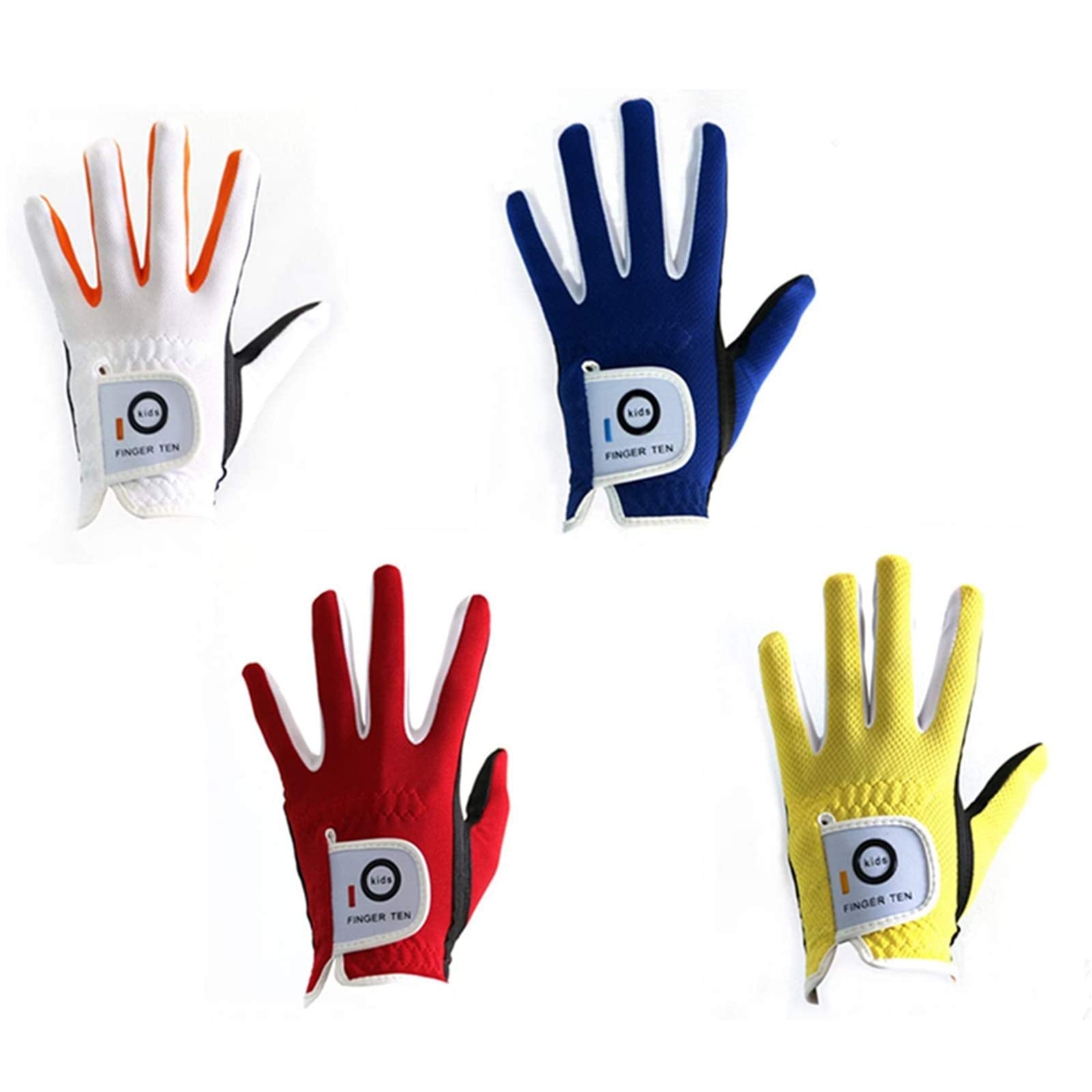 Finger Ten Junior Kids Dura Feel White Blue Red Yellow Golf Gloves Extra Value 2 Pack (Large Red, Left)
