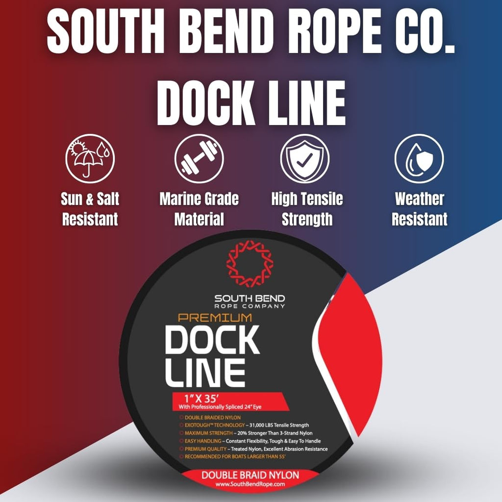 South Bend Rope Marine Grade Double Braided Nylon Dock Line W/Eye Splice (Black, 1-Inch X 35 Feet)