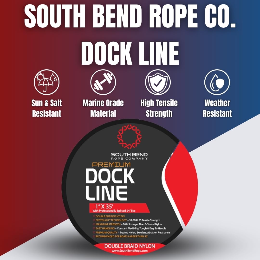 South Bend Rope Marine Grade Double Braided Nylon Dock Line W/Eye Splice (Black, 1-Inch X 35 Feet)