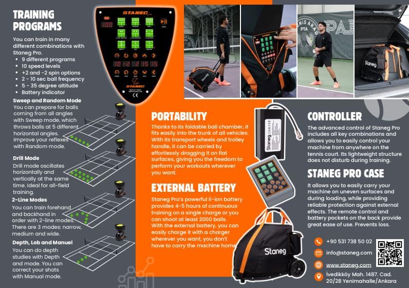 Staneg Pro Tennis Ball Machine - Battery-Powered Portable Launcher With Remote Control | 9 Training Programs | Adjustable Spin &