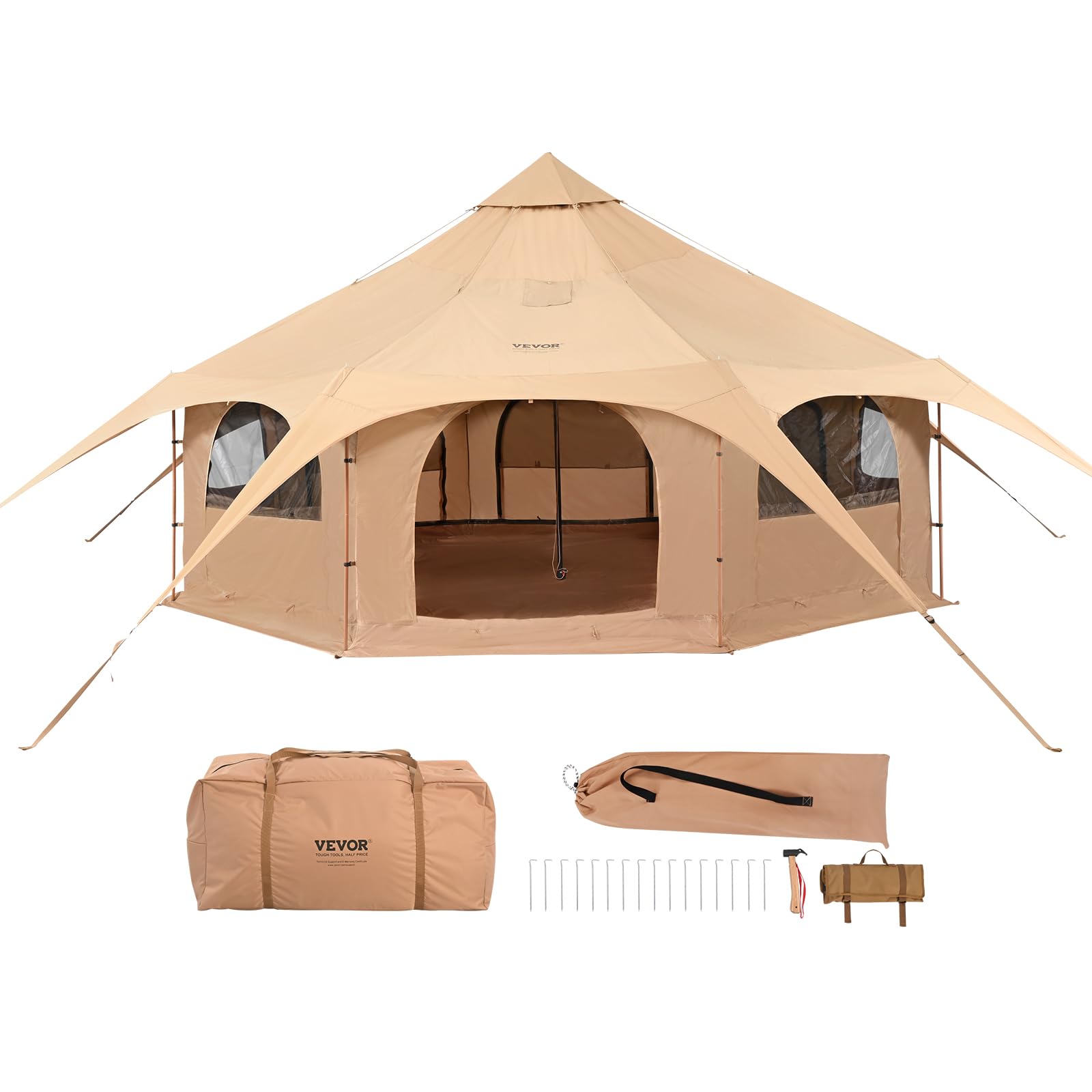 VEVOR Canvas Tent, 4 Seasons 5 m/16.4 ft Bell Tent, for Camping with Stove Jack, Breathable Yurt for up to 8 People, Family Camp