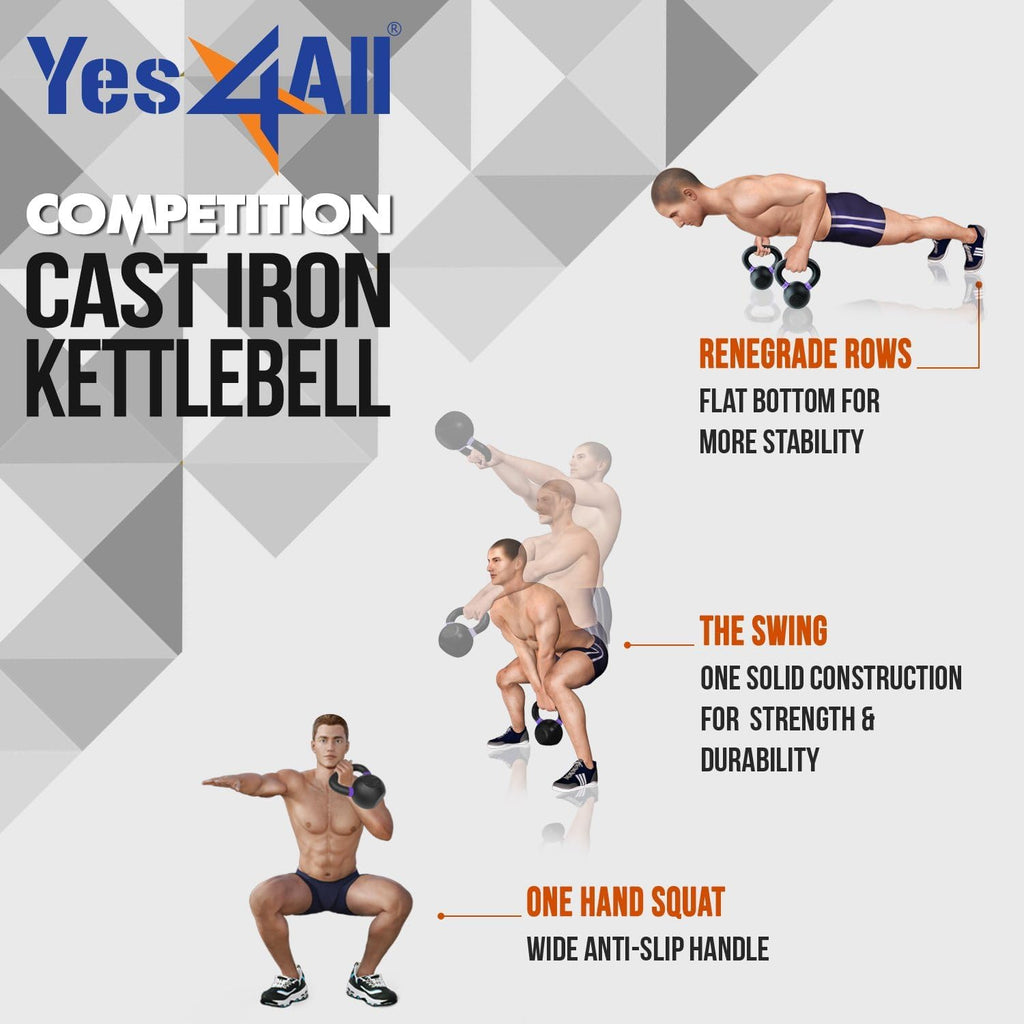 Yes4All Powder Coated Cast Iron Kettlebell Pair Purple - 6 Kg / 13 Lb Strength Training Kettlebells Weight Set For Full Body Wor