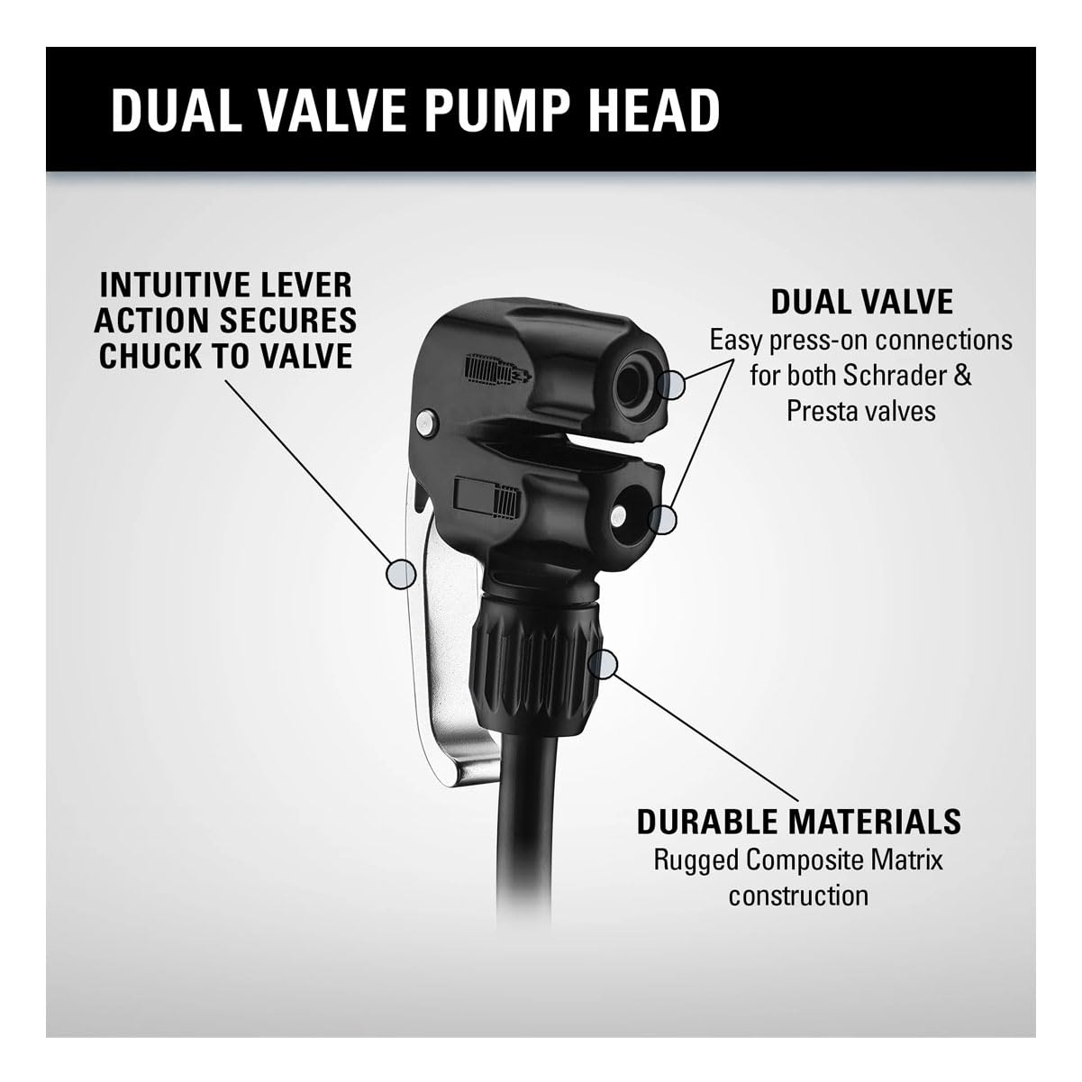 Lezyne Dual Valve Alternative Bicycle Pump Head, Presta, Schrader, And Dunlop Compatible, For High-Pressure Tire Floor Pumps