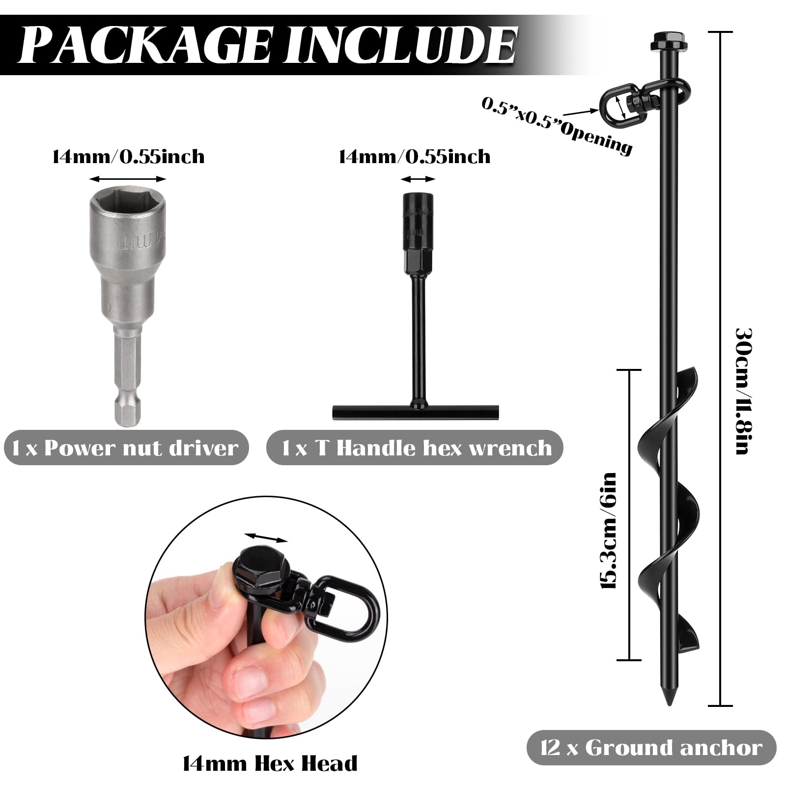 Faurimmer 12 Pack Ground Anchor Heavy Duty Earth Anchors With T Handle Hex Wrench & Power Nut Driver, Metal Stakes Ground Anchor