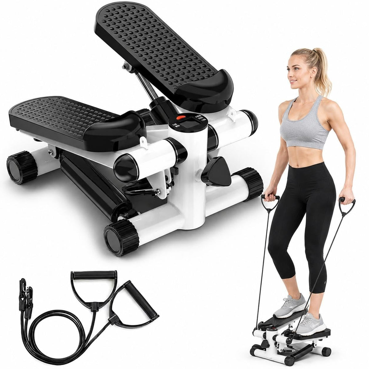 Hogitomist Mini Stepper with Resistance Bands  Home Step Machine, LCD Display, Adjustable Resistance, Full Body Cardio Workout,