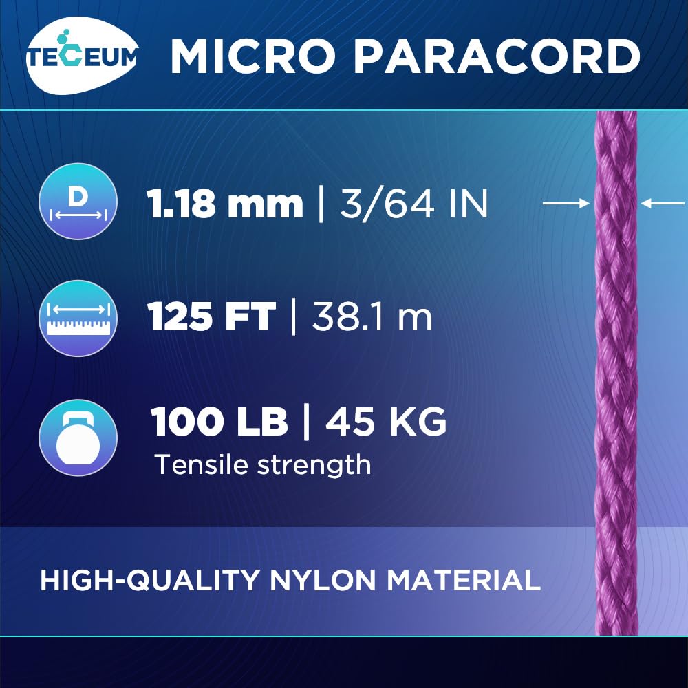 Teceum Micro Paracord - Purple - 1.18 Mm X 125 Ft - Micro Utility Cord - Thin Braided Paracord Rope Nylon Polyester - Wind Chime