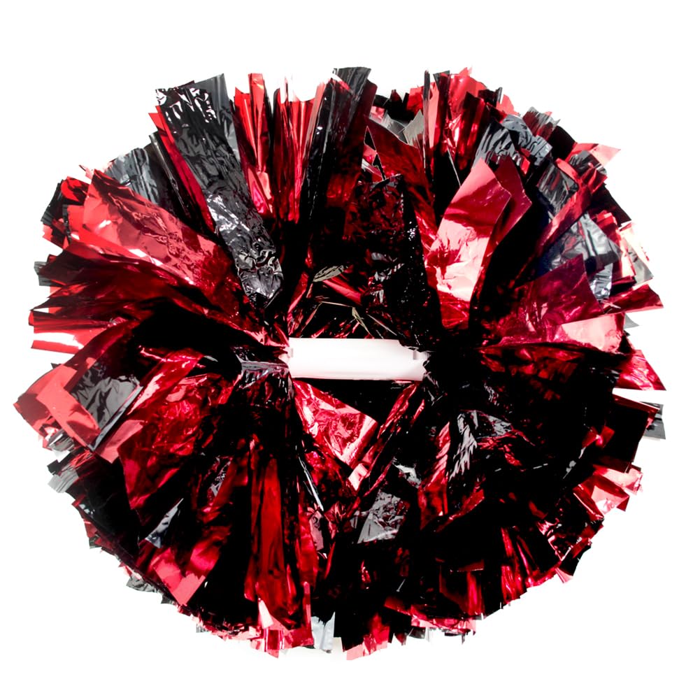 Lovecheer 2Pcs Pom Poms Cheerleading Metallic Black And Red Cheer Pom Poms With Baton Handle For Sports Team Spirit Dance Party