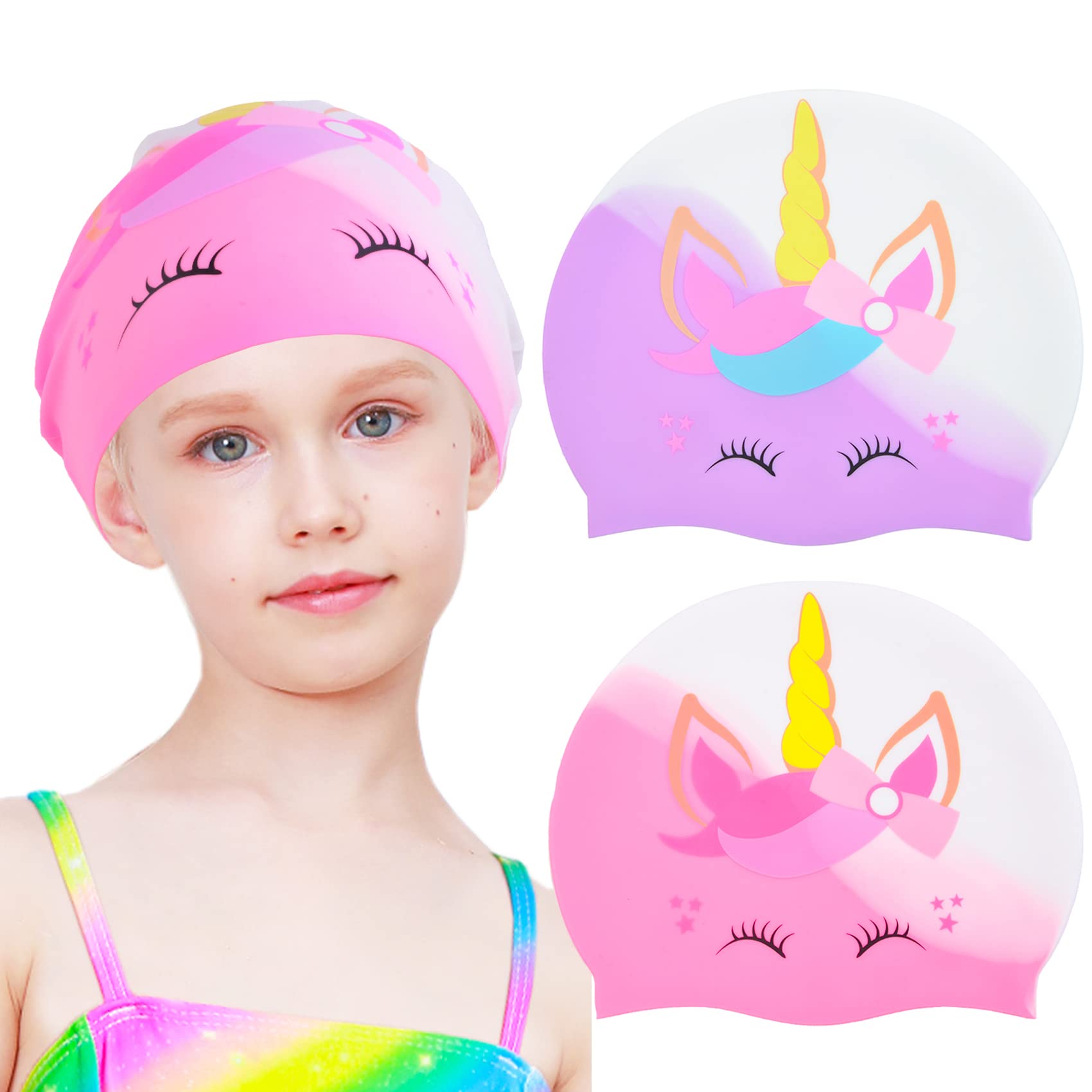 2 Pcs Kids Swim Cap Silicone Swimming Cap For Boys Girls (Age 3-12) Cover Ears Waterproof Bathing Cap Keep Hair Dry Swimming Hat