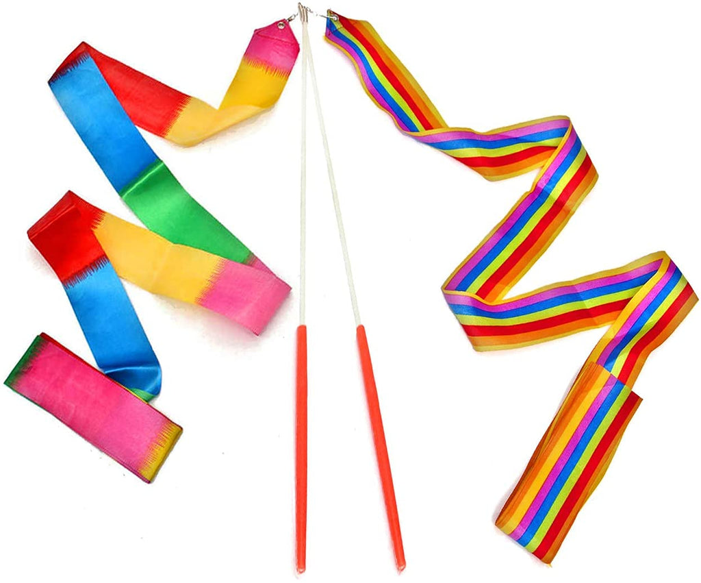 Dance Ribbons Rainbow Streamers Rhythmic Gymnastics Ribbon Baton Twirling Wands On Sticks 2Pc For Kids Artistic Dancing