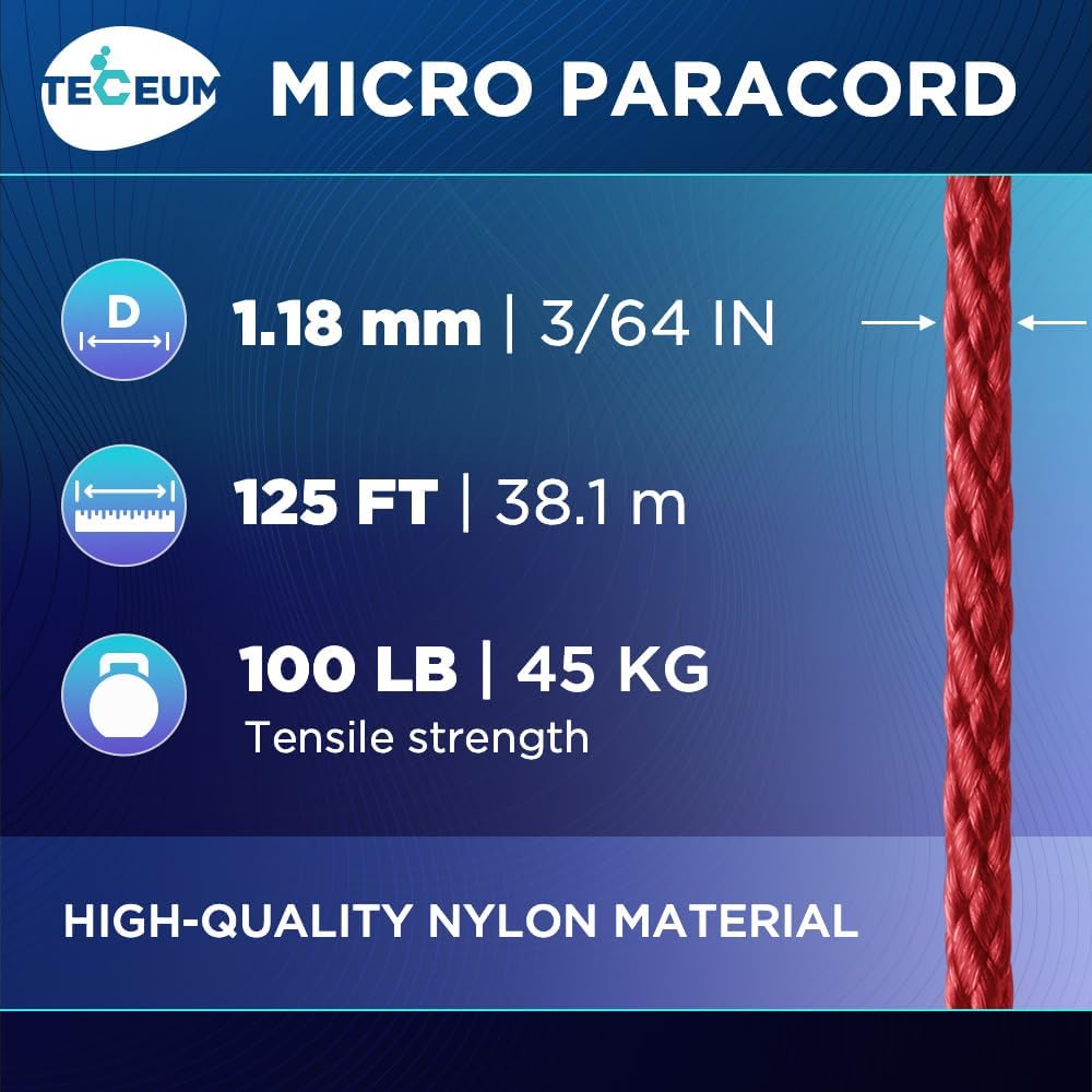 Teceum Micro Paracord - Crimson - 1.18 Mm X 125 Ft - Micro Utility Cord - Thin Braided Paracord Rope Nylon Polyester - Wind Chim