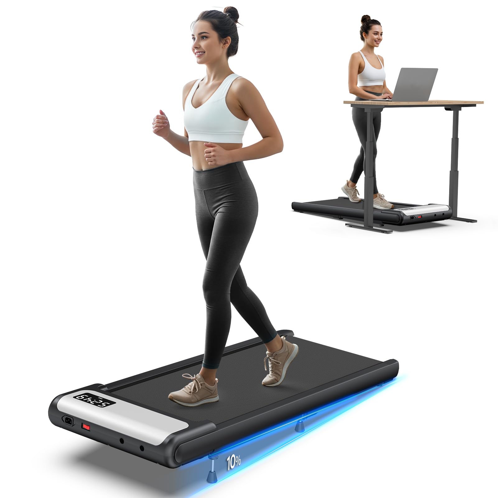 Cozyinn Under Desk Walking Pad Treadmill With 10% Incline, Quiet Portable Walking Pad For Home Office Small Space, 265Lb Capacit