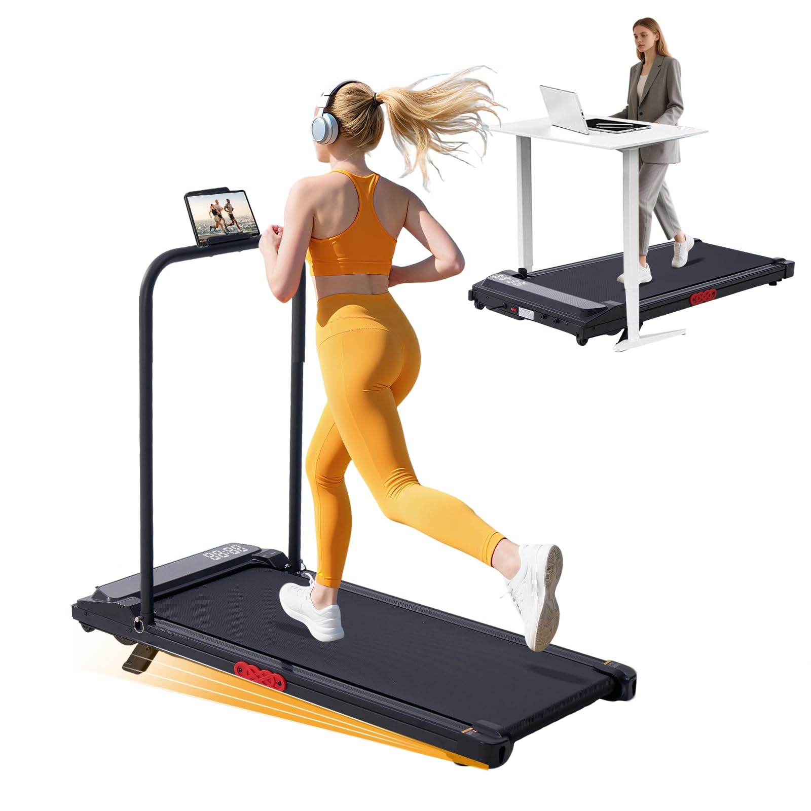 Folding Foldable Walking Pad Treadmill with Handle Bar and Incline, 3.0HP Portable Electric Treadmills with Handles for Home Sma
