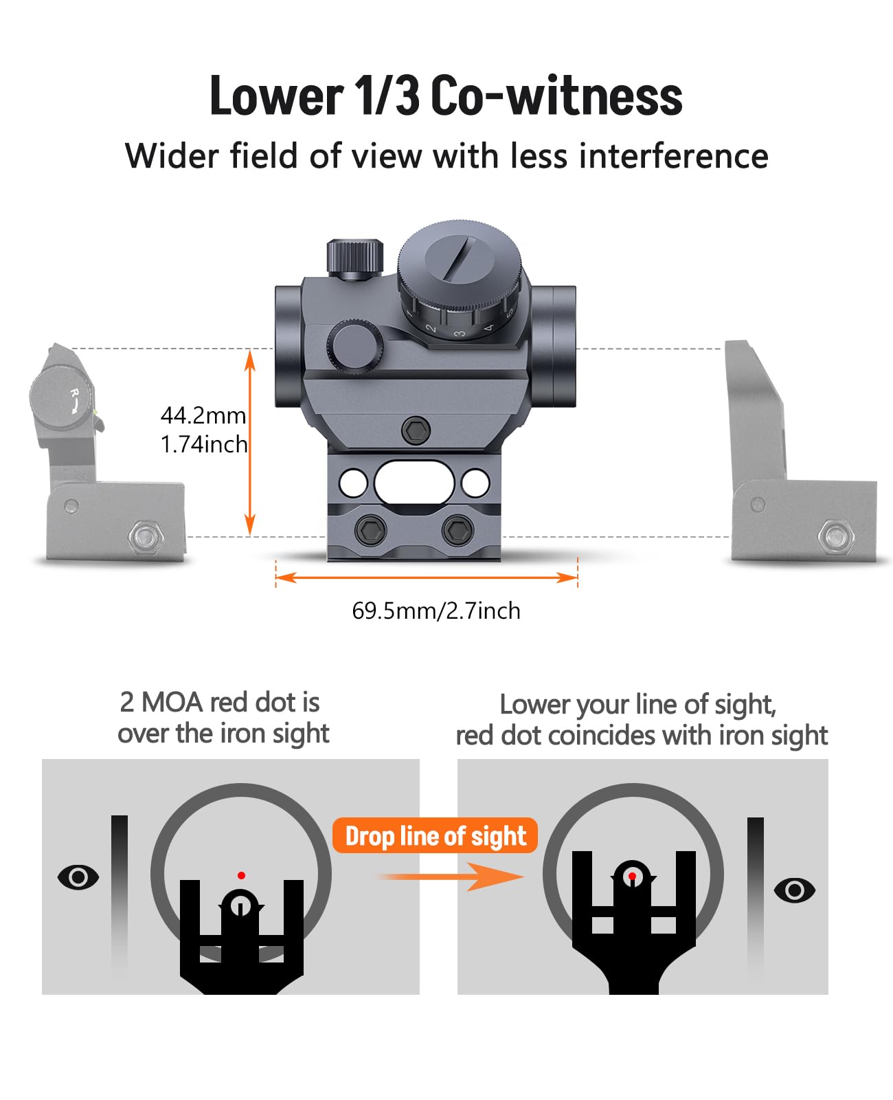 MidTen 2MOA Red Dot Sight, 1x25mm Reflex Sight Waterproof & Shockproof & Fog-Proof Red Dot Scope with 1 inch Riser Mount, Grey