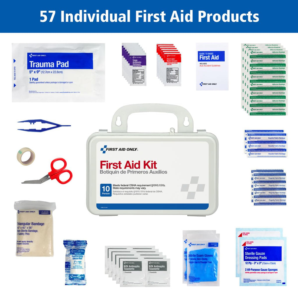 First Aid Only 6060 All-Purpose 10-Person Emergency First Aid Kit For Business, Worksite, Home, And Car, 57 Pieces