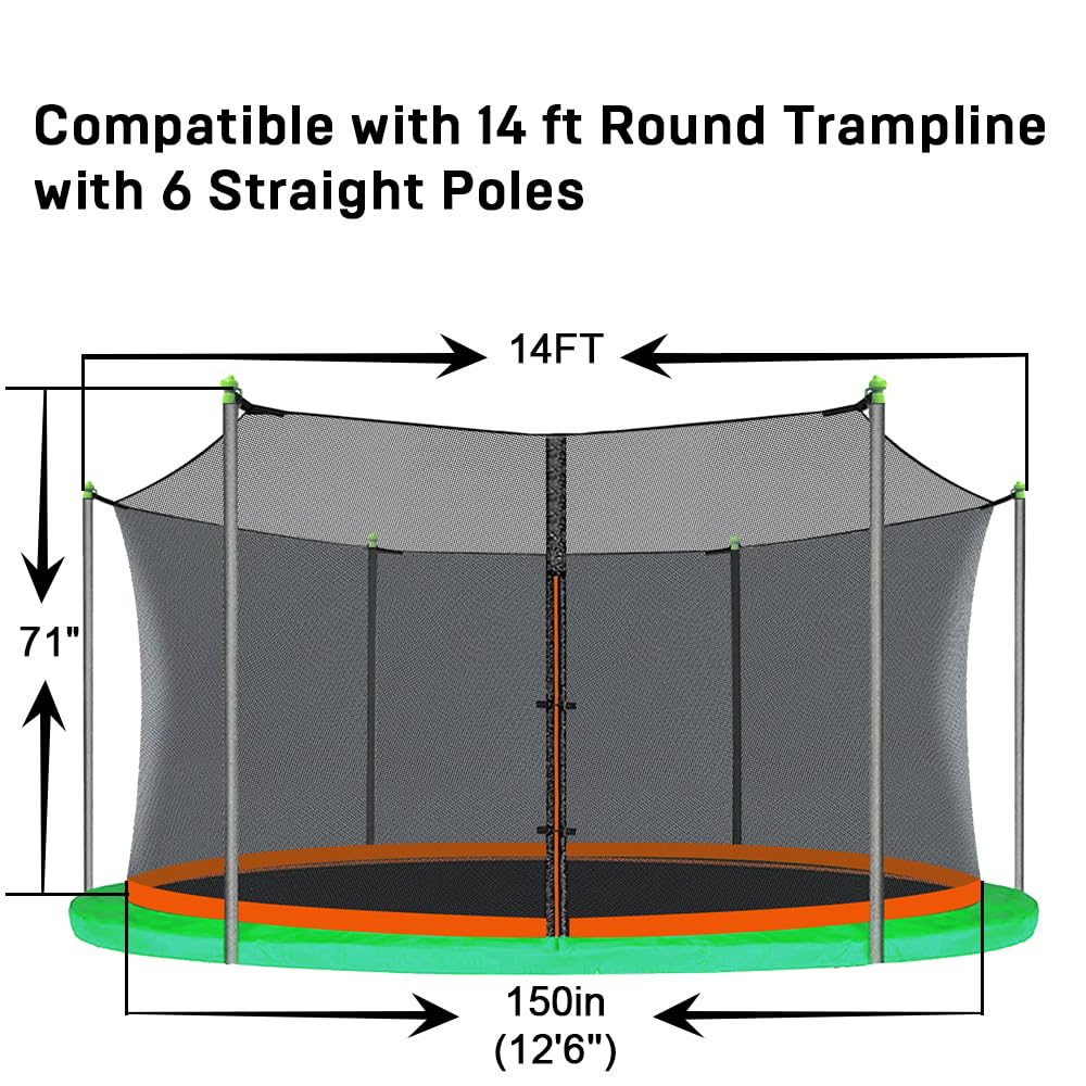 14Ft Trampoline Net Replacement With 6 Enclosure Pole Caps, Trampoline Replacement Enclosure Net Round Safty Uv-Resistant Weathe