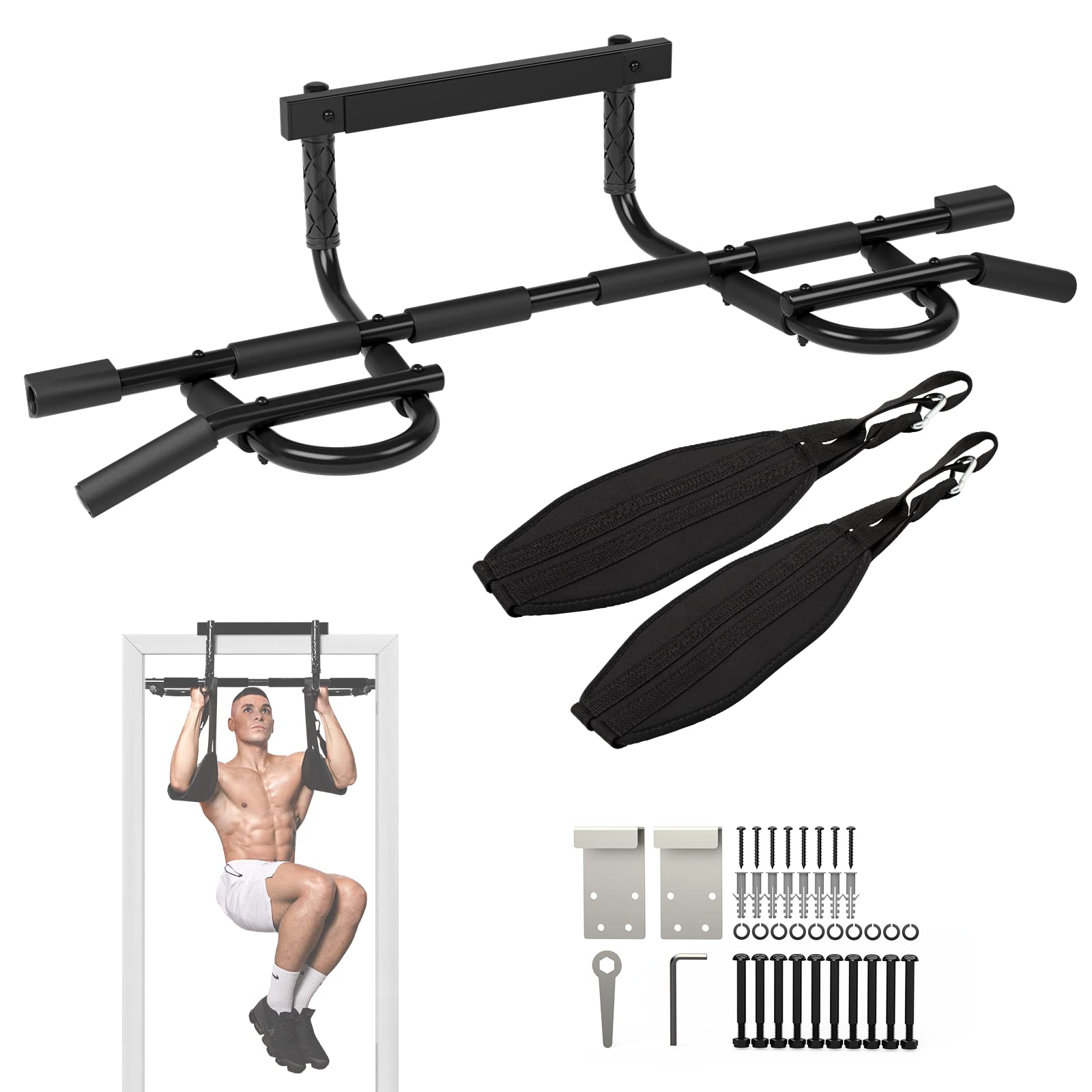 Yes4All Pull Up Bar For Doorway & Ab Straps, Solid 1 Piece Main Bar Construction, Multi Grips Pullup Bar For Home Gym Workout, N