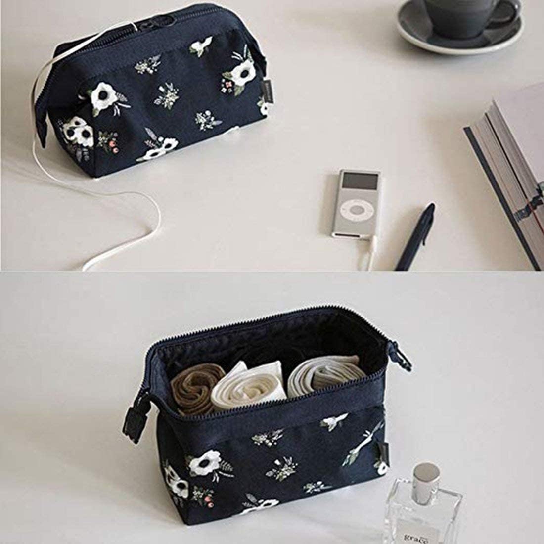 Cosmetic Toiletry Makeup Pouch With Portable Travel Multipurpose WaterResistant Zipper Makeup Brush Bags  Black Flower Aspbf7