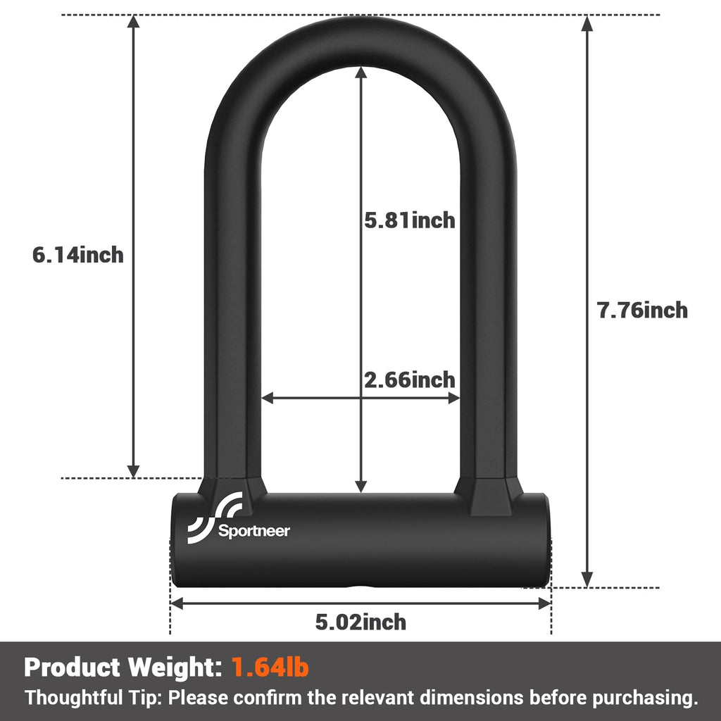 Sportneer Bike Lock Set Heavy Duty Bike U Lock With 5 Ft Security Steel Cable, 17Mm Shackle Bicycle U-Locks With Keys And Sturdy