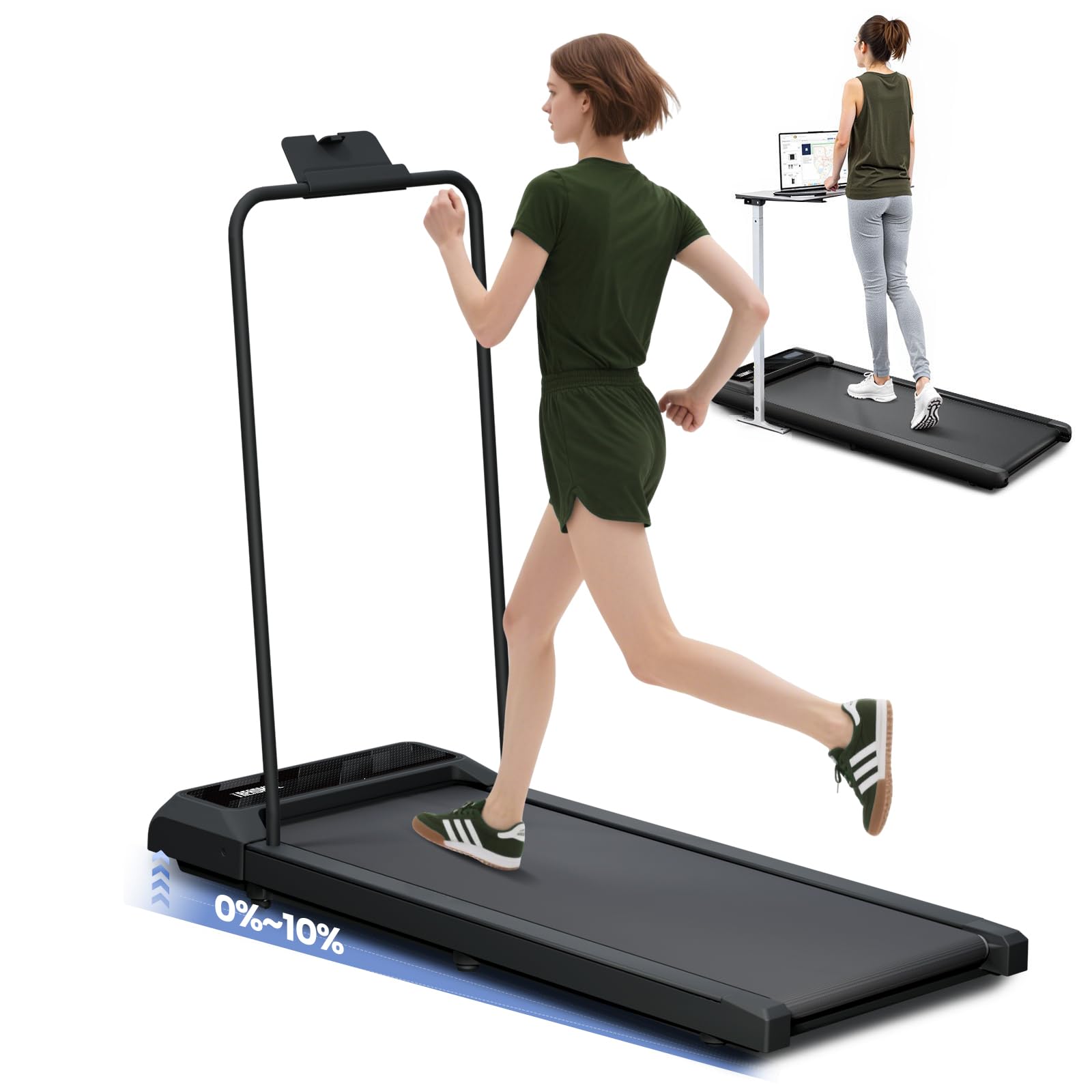 Canisflax Walking Pad with Handle Bar, 2.5HP Walking Pad Treadmill with 10% Incline, Portable Under Desk Treadmill for Home, 300