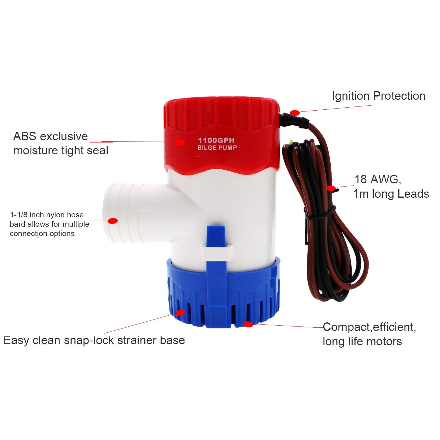 Maxzone Boat Bilge Water Pump 12V 1100Gph Non-Automatic Marine Electric Bilge Pump For Ponds, Pools, Spas Silent, Boat Caravan R