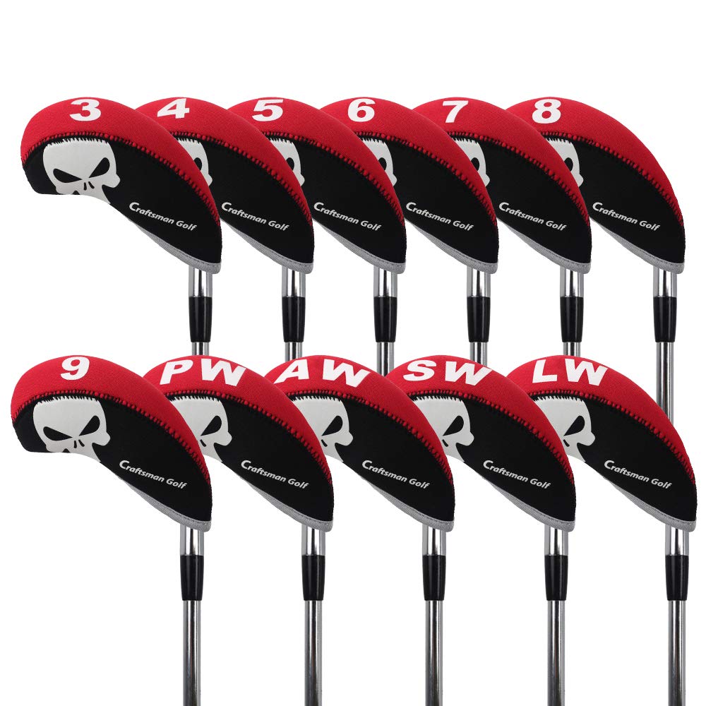 Craftsman Golf 11Pcs Multi Color Skull Golf Club Neoprene Iron Head Cover Headcover Set Protector Cases (Red & Black)