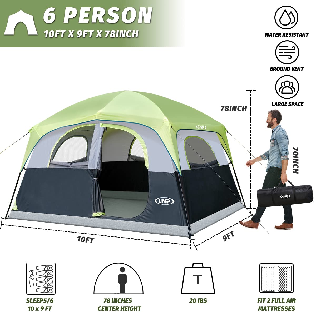 Unp Tents For Camping 6 Person Tent For Family Waterproof Windproof Easy Setup Cabin Tent, Upgraded Ventilation 5 Large Mesh Win