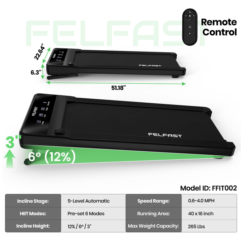 Felfast Walking Pad With 12% 6 Auto Incline, Under Desk Treadmill For Home Office W/Remote Control, 6 Hiit Mode, 265 Lbs Weight