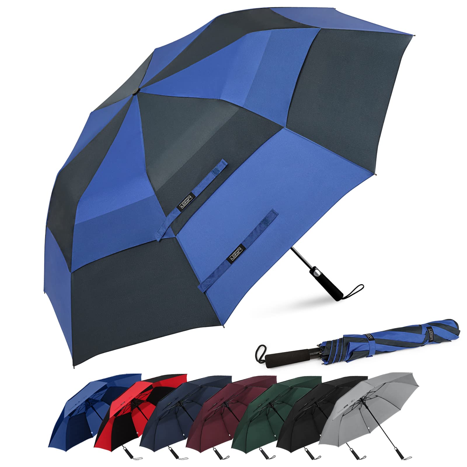 G4Free 62 Inch Portable Navy Golf Umbrella Automatic Open Large Oversize Vented Double Canopy Windproof Waterproof Sport Umbrell
