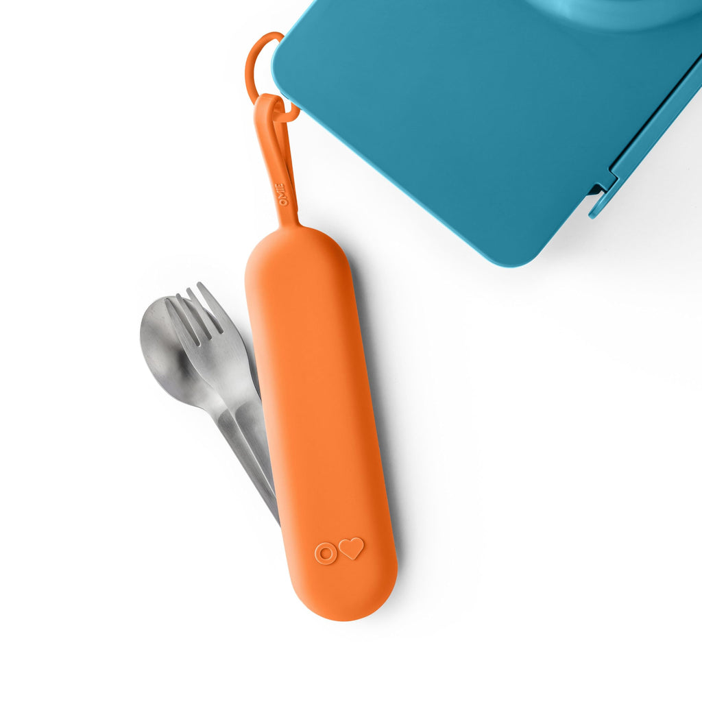 Omie OmieBox Travel Utensil Set | Fork and Spoon with Case for Easy Travel | Stainless Steel Fork and Spoon (Orange)
