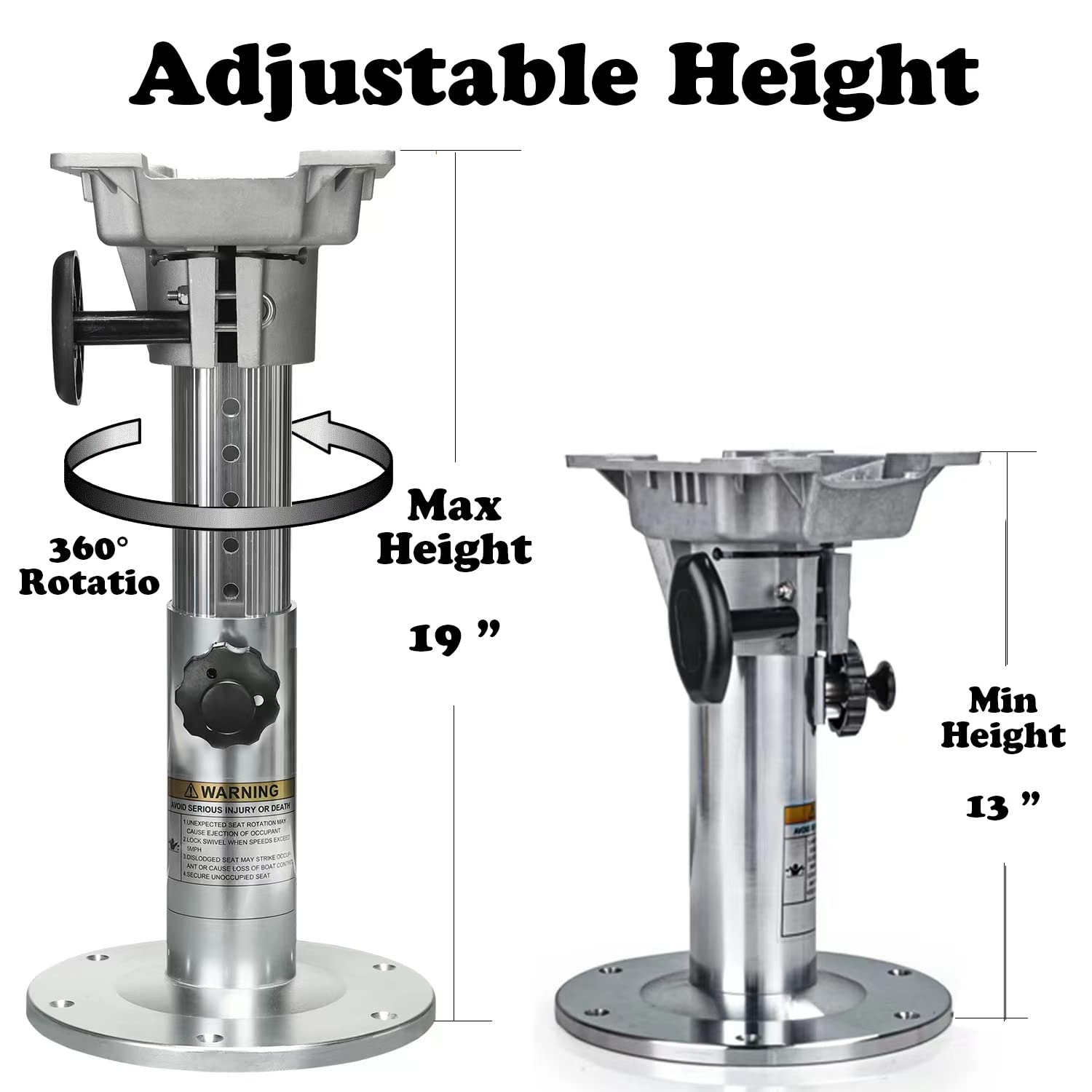 Onhi Aluminum Adjustable Height Locking Boat Seat Pedestal 13-Inch To 19-Inch,Silver Polished