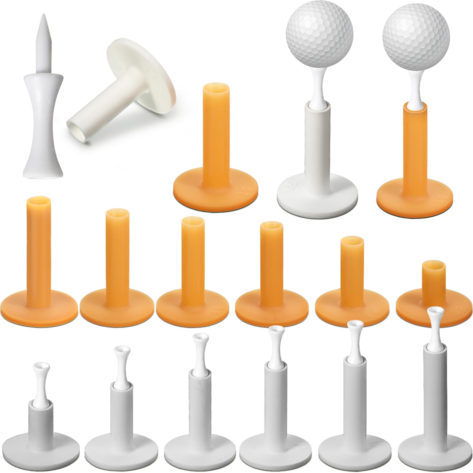 Skylety 24 Pcs 6 Size Rubber Golf Tees for Mats, 2 Colors Plastic Tee Holders for Driving Range, Simulators, Indoor Outdoor Prac