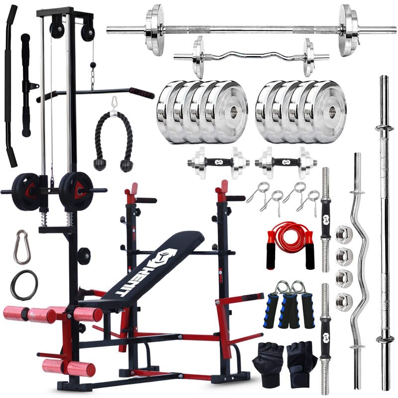 Kenit 80Kg Steel Plates Combo With 20In1 Adjustable Bench With UHook, Lat Pulldown, Curl Rod, Straight Bar, Dumbbells, Skippi