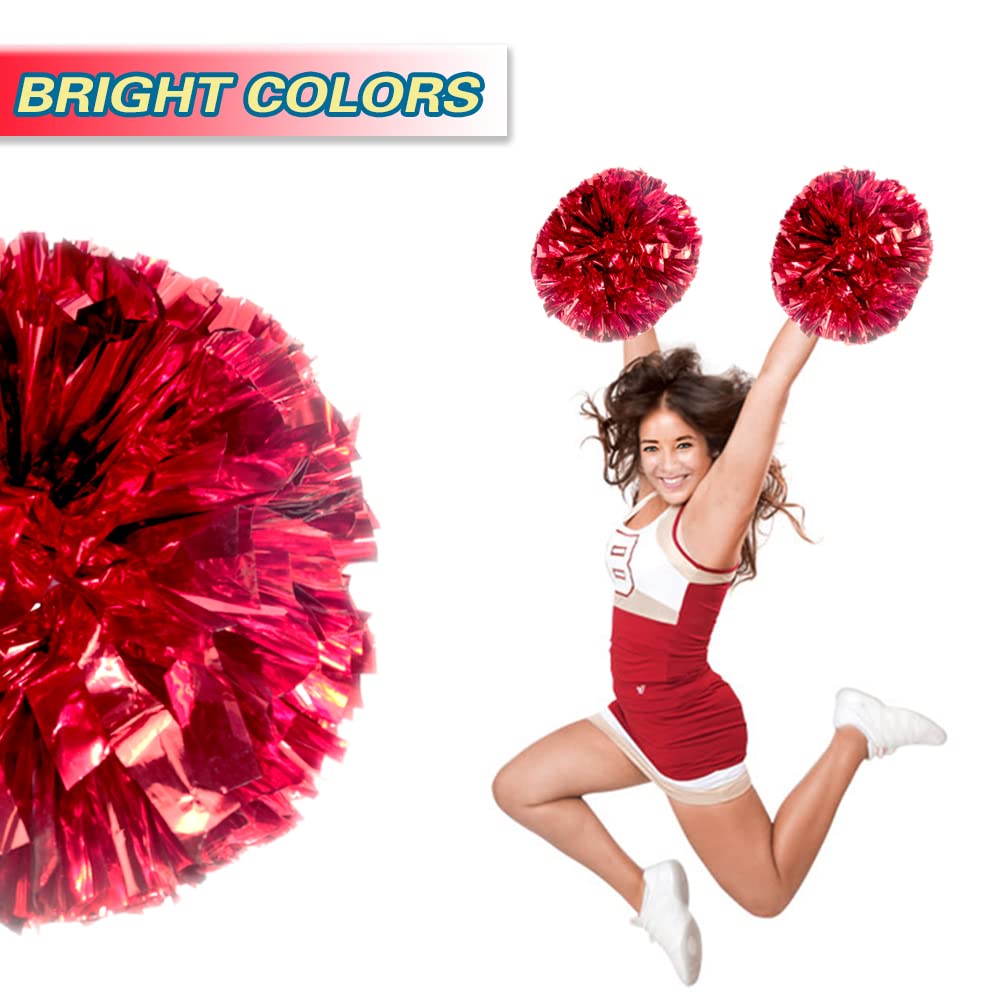 Lovecheer 2Pcs Red Pom Poms Cheerleading Metallic Cheer Pom Poms With Baton Handle For Sports Team Spirit Party Cheering