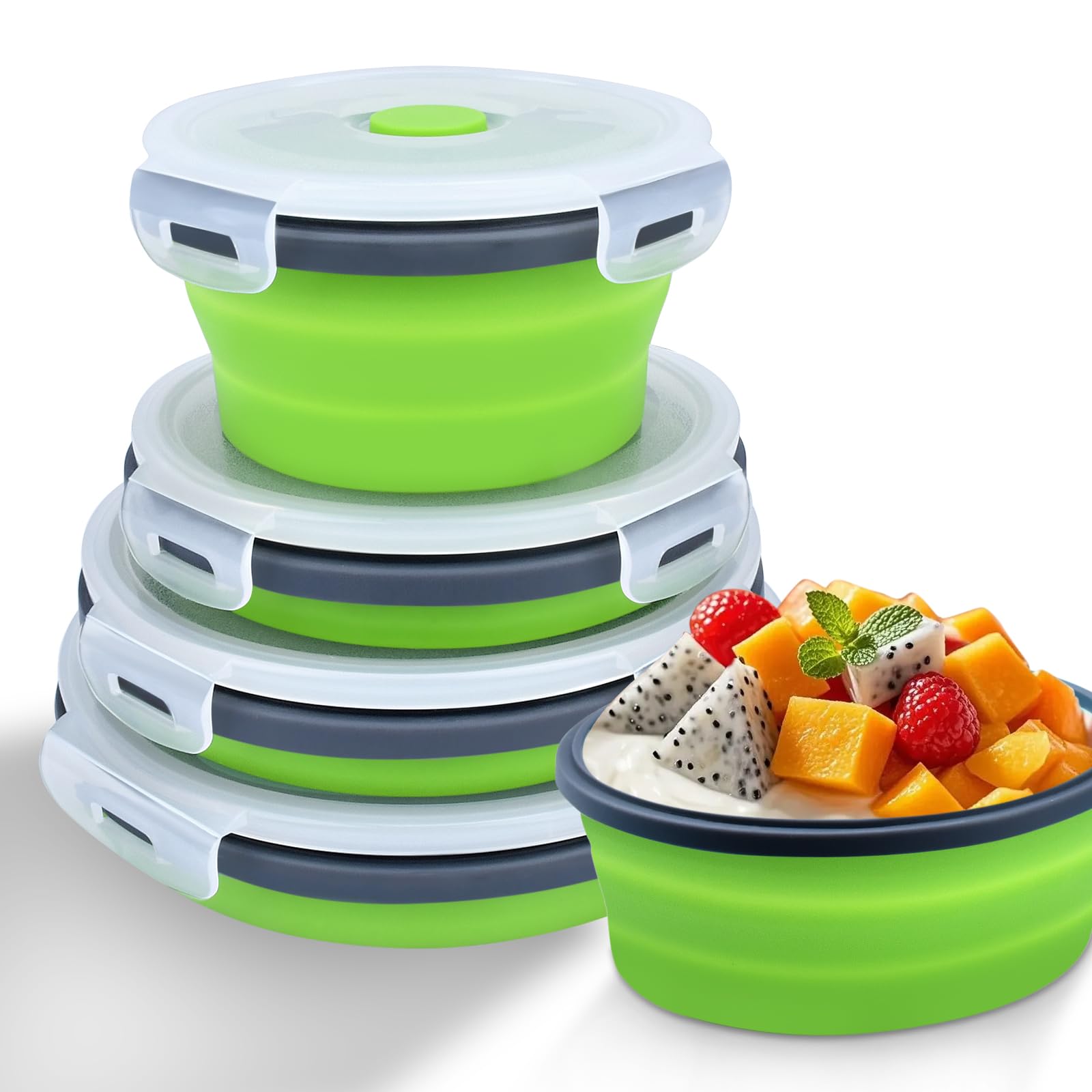 Collapsible Food Storage Containers With Lid & Air Vent, 4 Pack Round Foldable Collapsible Storage Containers Sets For Meals, Lu
