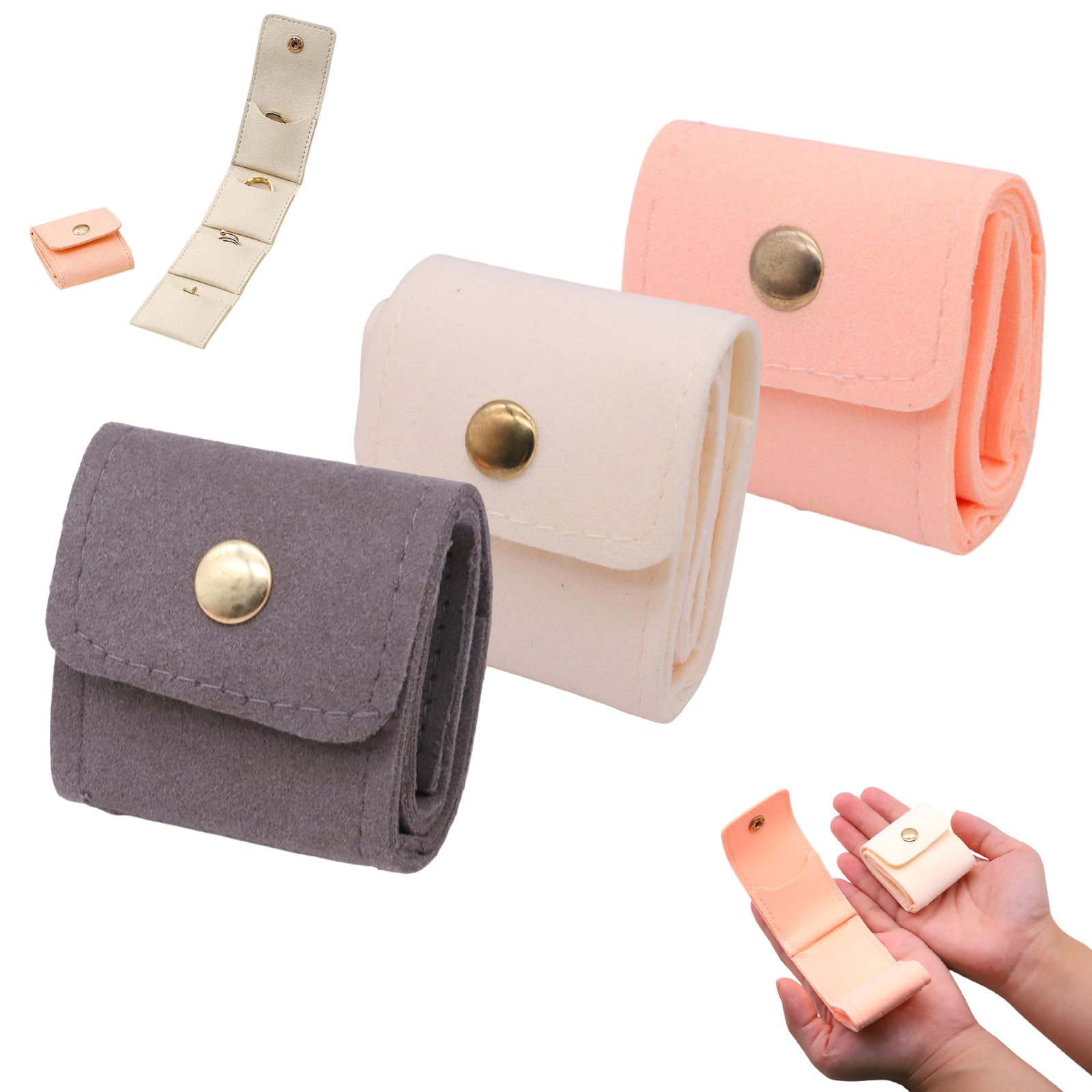 JTENGYAO 3 Pcs Mini Travel Jewellery Bags Pouches, Portable Foldable Jewellery Roll Bags with Buckle, Small Travel Jewellery Org