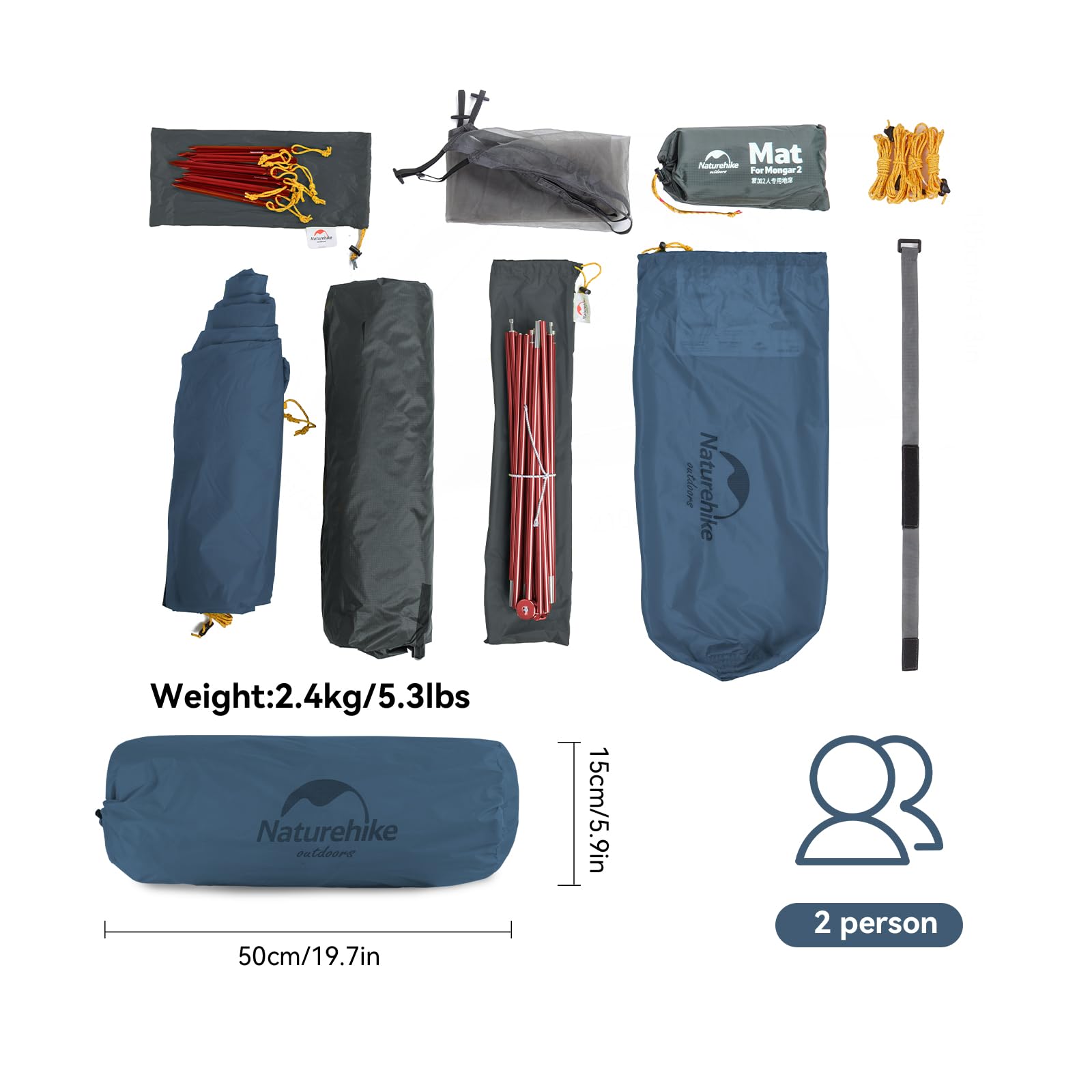 Naturehike Mongar 2 Person Backpacking Tent, 3 Season Camping Tent,Double Layer Free Standing Two Person Tents For Camping Hikin