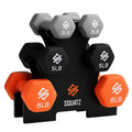 SQUATZ Dumbbell Weights Set with Stand, 32lbs Neoprene Coated Weights in Color Gray, Black, and Orange, Hex Shape Anti Slip and 