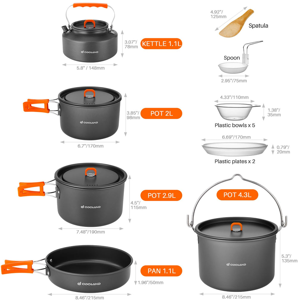 Odoland 18Pcs Camping Cookware Large Size Hanging Pot Pan Kettle Set With Plastic Plates Bowls Soup Spoon For Camping, Backpacki