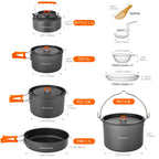 Odoland 18Pcs Camping Cookware Large Size Hanging Pot Pan Kettle Set With Plastic Plates Bowls Soup Spoon For Camping, Backpacki