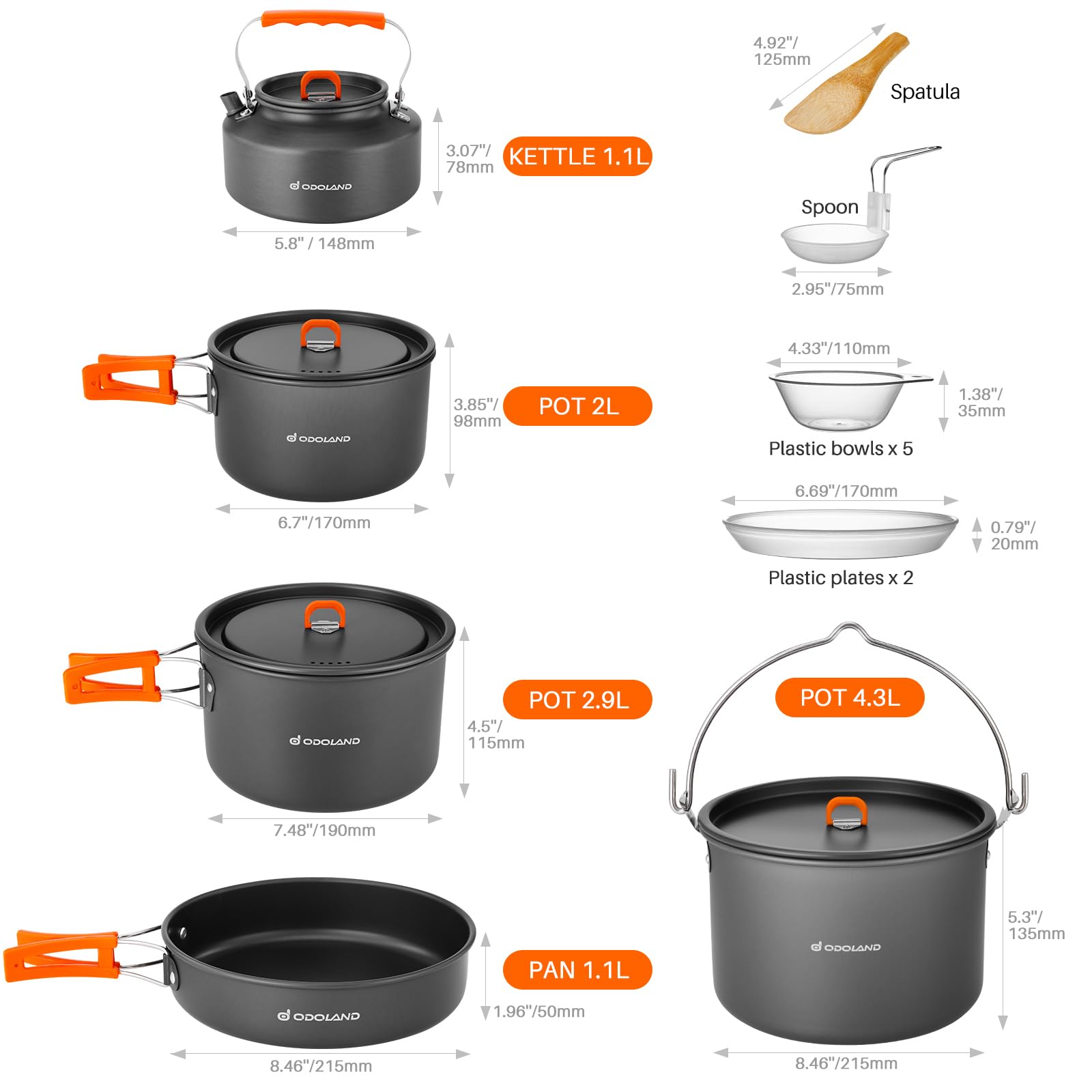 Odoland 18Pcs Camping Cookware Large Size Hanging Pot Pan Kettle Set With Plastic Plates Bowls Soup Spoon For Camping, Backpacki