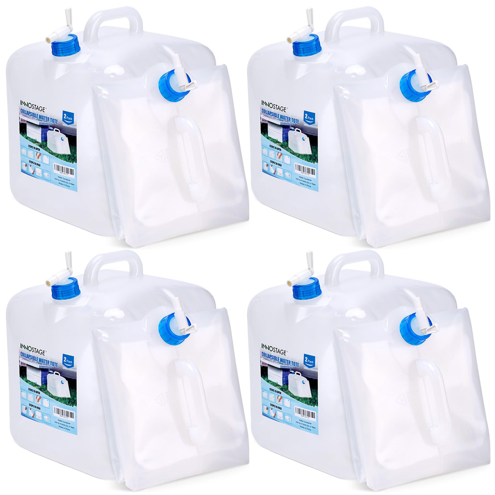 Inno Stage 4 Pack Collapsible Water Container 5.3 Gallon With Spigot, Camping Water Storage Carrier Jug For Outdoors Hiking, Fol