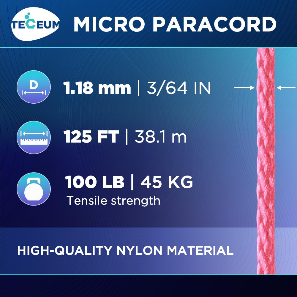 Teceum Micro Paracord - Pink - 1.18 Mm X 125 Ft - Micro Utility Cord - Thin Braided Paracord Rope Nylon Polyester - Wind Chime R