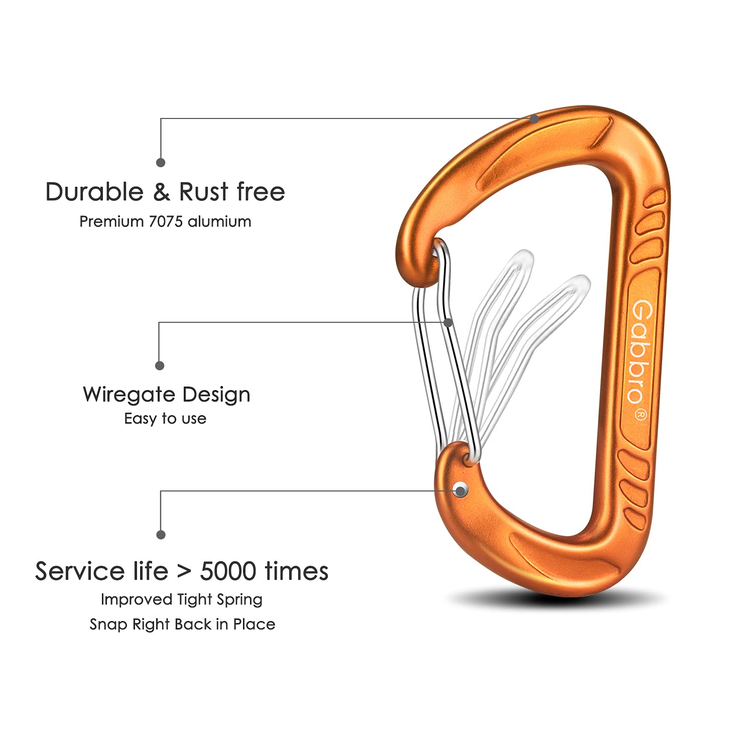 Gabbro Carabiner Clip Heavy Duty 2697Lbs, 4 Pcs 3'' Large Lightweight Aluminum Caribeaners With Keychain Hook Ring - Black Orang