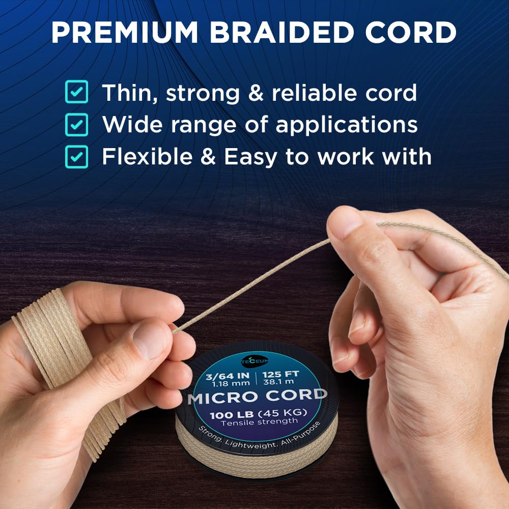 Teceum Micro Paracord - Beige - 1.18 Mm X 125 Ft - Micro Utility Cord - Thin Braided Paracord Rope Nylon Polyester - Wind Chime