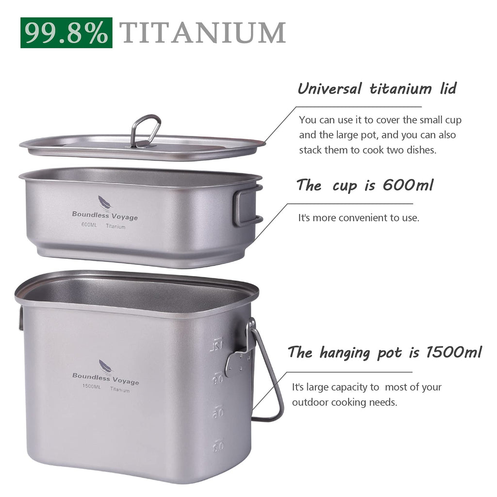Boundless Voyage Titanium Mess Kit Hanging Pot Cup With Lid Folding Handles Outdoor Camping Cooking Set Ultralight Portable Tabl