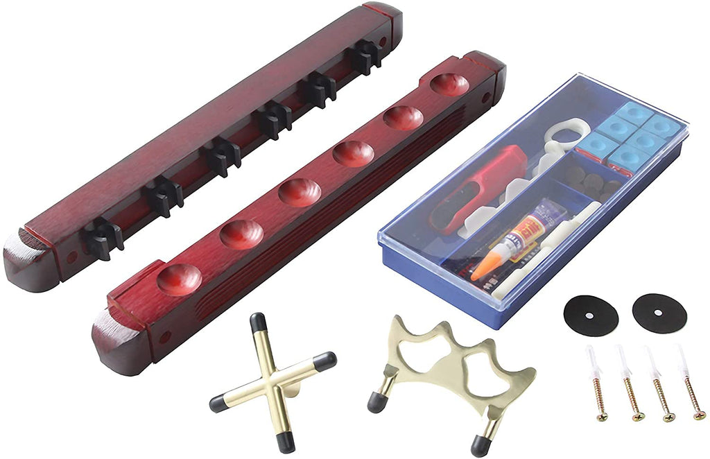 Betterline Billiard Wooden Cue Rack For 6 Pool Sticks, Cue Bridge Spider Head, Cue Cross X Rest, Cue Accessories, 5 Cue Chalk Cu
