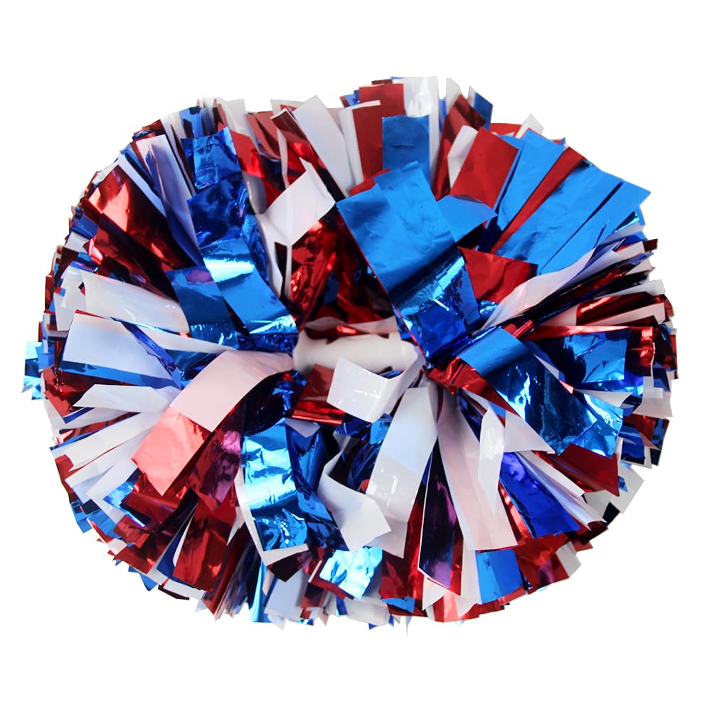 Lovecheer 2Pcs Pom Poms Cheerleading Blue And Red And White Metallic Cheer Pom Poms With Baton Handle For Sports Team Spirit Par