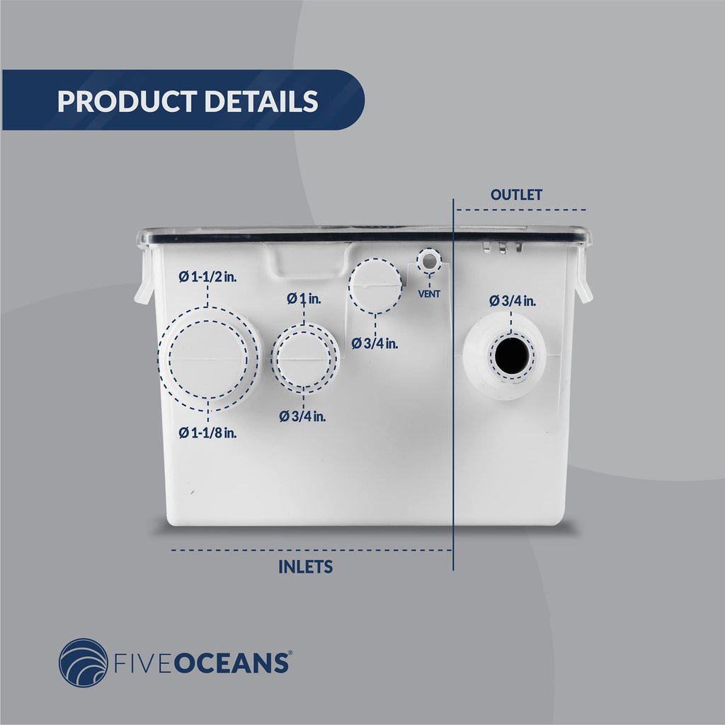 Five Oceans 750 Gph Boat Shower Sump Pump Drain System Kit, 12-Volts, Multiple Inlet Ports, Clear Cover, Check-Valve On Outlet -
